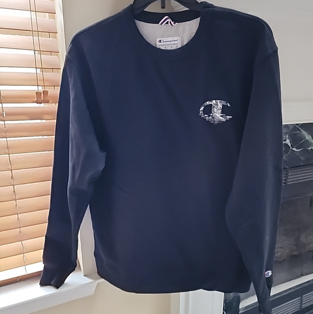 Mens Black Champion Crew Sweatshirt Camo Logo Sz L